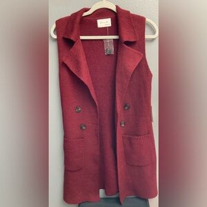 Active USA sleeveless collared open cardigan,pockets,buttons,maroon,sz sm